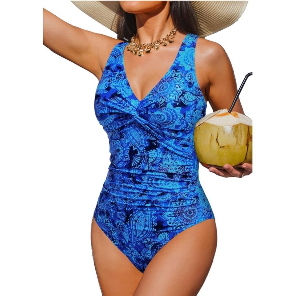 Holipick Women Lrg One Piece Swimsuit Blue Paisley Floral Ruched Tummy Control